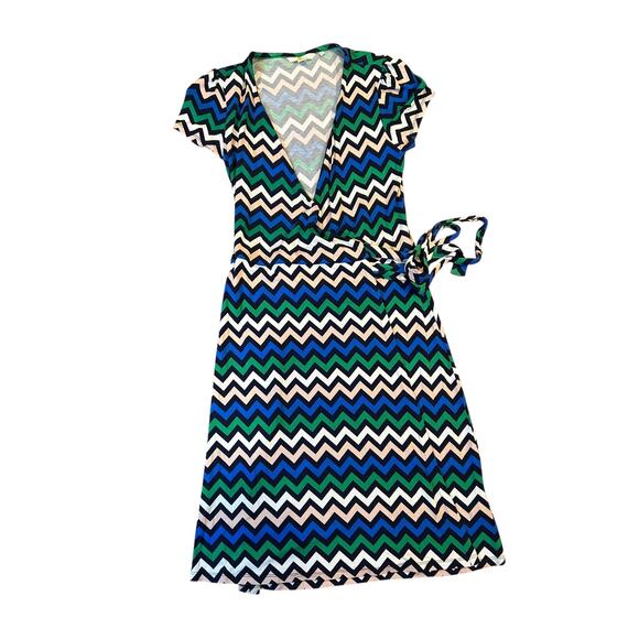 BODEN Women's Wrap Dress Size UK 8 US 4 Navy Blue Green Chevron Jersey Knee - Picture 3 of 8
